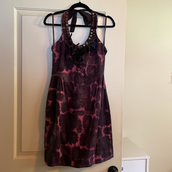 J. CREW PINK BLACK ABSTRACT PRINT LINEN DRESS RAFFIA RIBBON GOLD STUDS size 10 - Picture 3 of 5